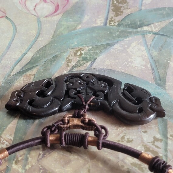Vintage Carved Dyed Soapstone Horse Heads Pendant on a Brown Cord Jade Bead Closure View 5