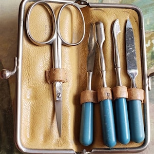 Vintage Blue Leather Manicure Case With Five Tools Twist Open 1950s Germany Scissors Nail File
