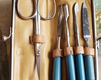 Vintage Blue Leather Manicure Set: 1950s German Travel Kit