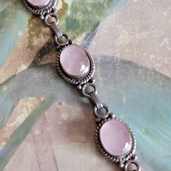 Vintage plata esterlina y plata rosa cuarzo pulsera ovalada