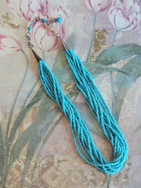 Vintage Sterling Silver and Turquoise Seed Bead N… - image 8
