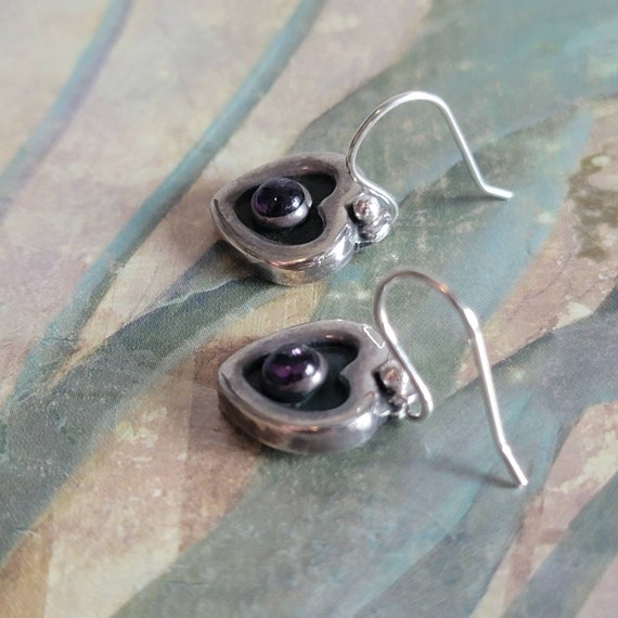 Vintage Sterling Silver and Amethyst Heart Earrin… - image 4