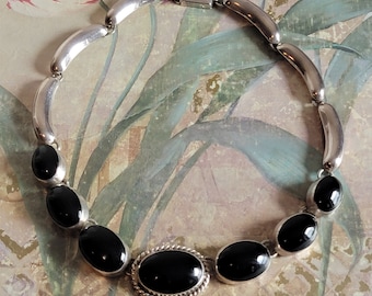Vintage Sterling Silver and Black Onyx Statement Necklace