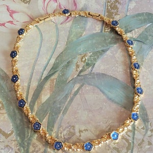 Vintage Nina Ricci Gold Tone Collar Necklace: Blue Glass Flowers
