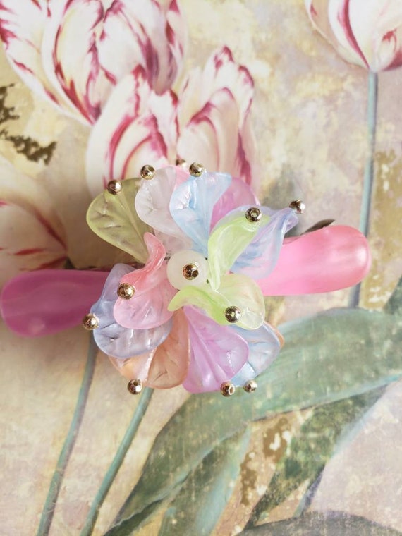 Vintage Spring Time Hair Barrette French Clip Lea… - image 1