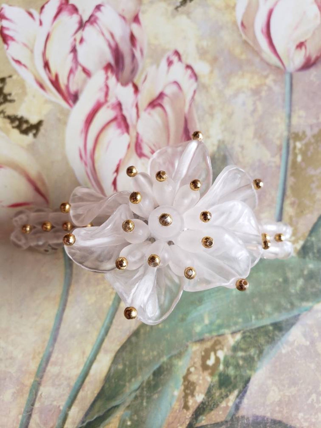 Vintage Hair Barrette French Clip Leaves White Frosted Beads  display picture 1