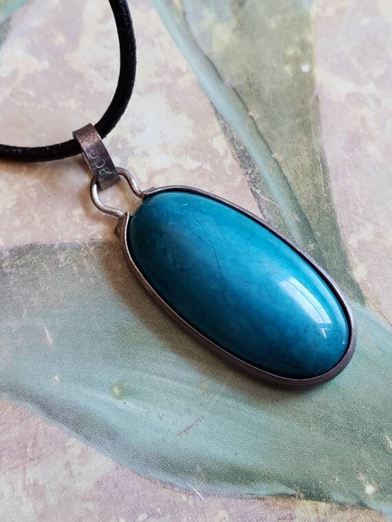 Vintage Hand Carved Oval Agate Turquoise Pendant … - image 4