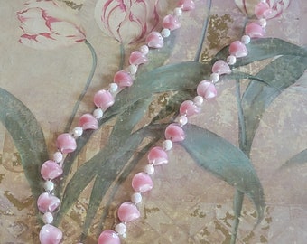Vintage Beaded Pink and Iridescent White Glass Bead Necklace Costume Jewelry