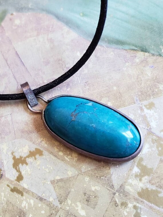 Vintage Hand Carved Oval Agate Turquoise Pendant … - image 5