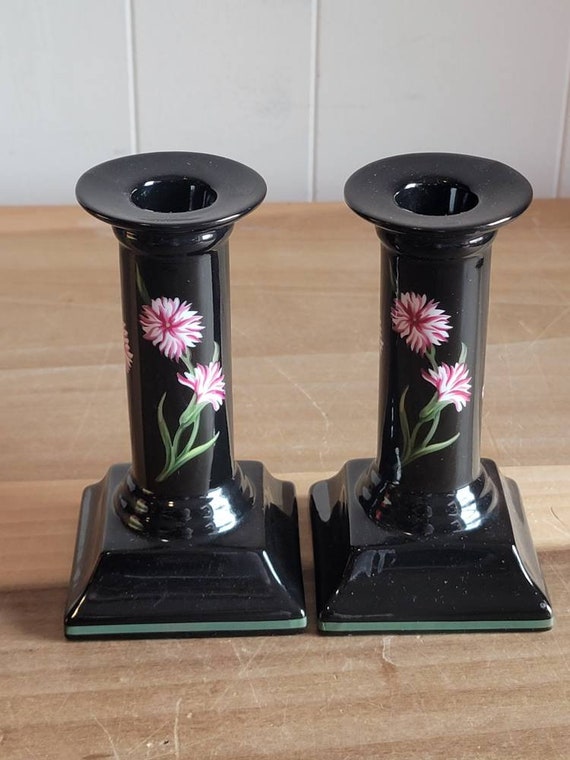 Vintage Tiffany & Co Candlestick Set, Black With Mums, Made in