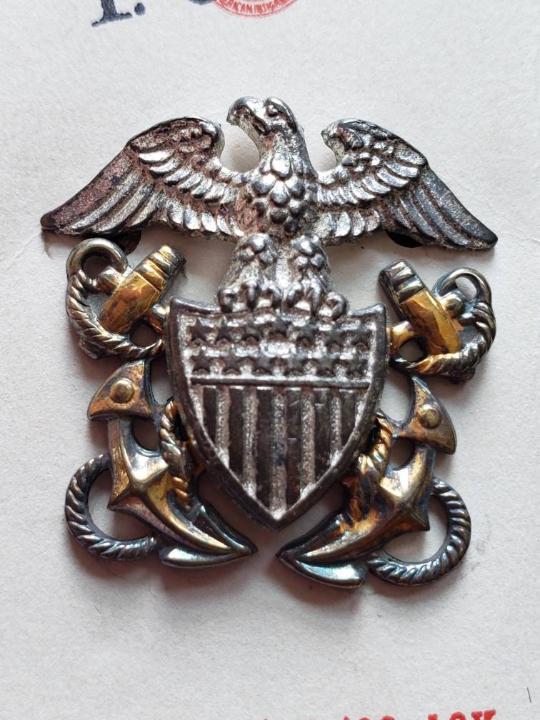 WWII期 US Navy イーグル紋章 925 シルバー ヴィンテージ ミリタ Vintage WWII US Navy Officer Pin Eagle Anchor 925 Sterling