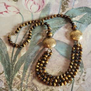 Vintage Gold Tone Metal and Tiger Eye Bead Necklace Sterling Silver Clasp