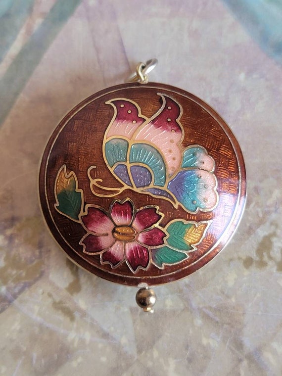 Vintage Cloisonne Butterfly and Flower Pendant Ena