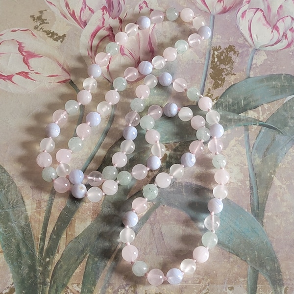 Vintage Rose Quartz Blue Lace Agate and Aventurine Bead Necklace Beaded Necklace Hand Knotted