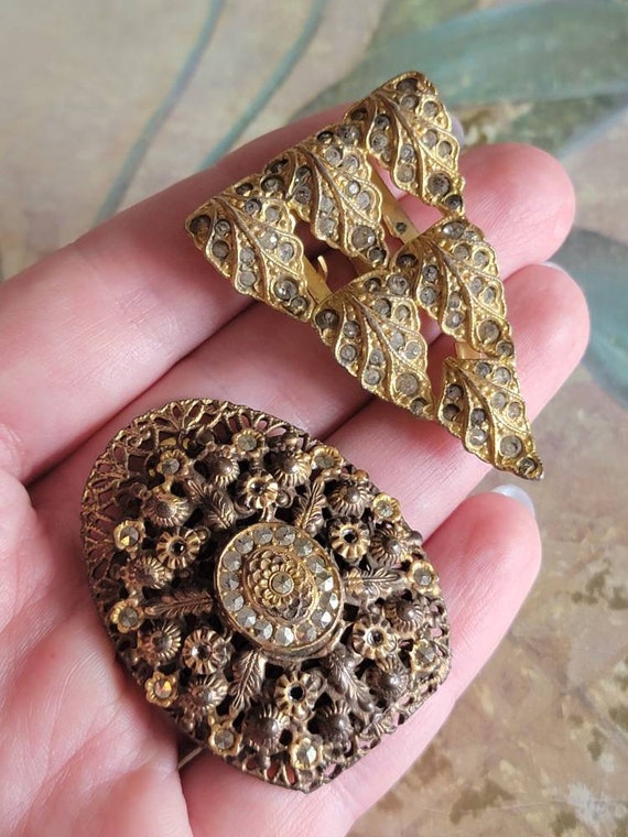 Vintage Antique Lot of 2 Gold Metal and Rhineston… - image 10