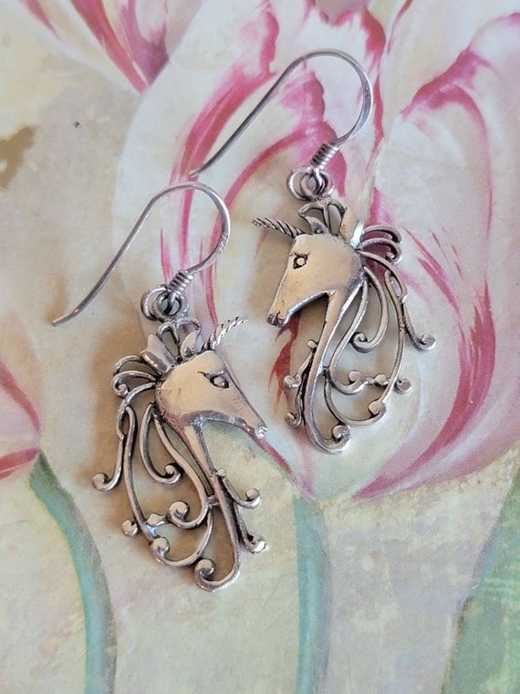 Vintage Sterling Silver Unicorn Earrings French H… - image 9