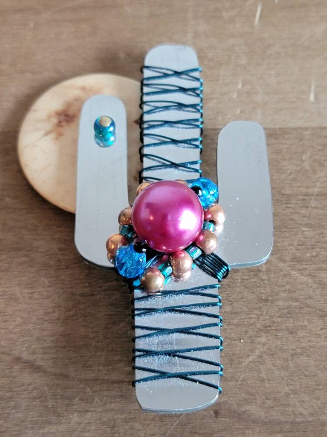 Vintage Liztech Liz Tech Cactus Mixed Media Brooch Pin Beads Wire