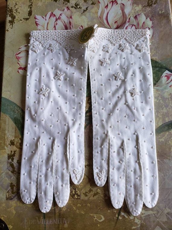 Vintage Beaded Cotton Gloves - 1950s Island Shop - Size 6.5