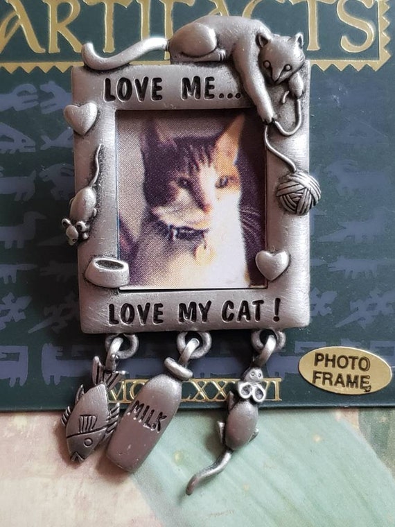 Vintage JJ Silver Tone Metal Love Me Love My Cat … - image 1