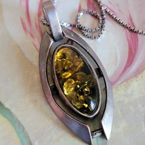 Vintage Sterling Silver and Amber Modernist Pendant and Box Chain 925