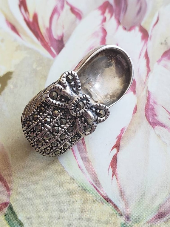 Vintage Sterling Silver Marcasite Baby Shoe with … - image 1