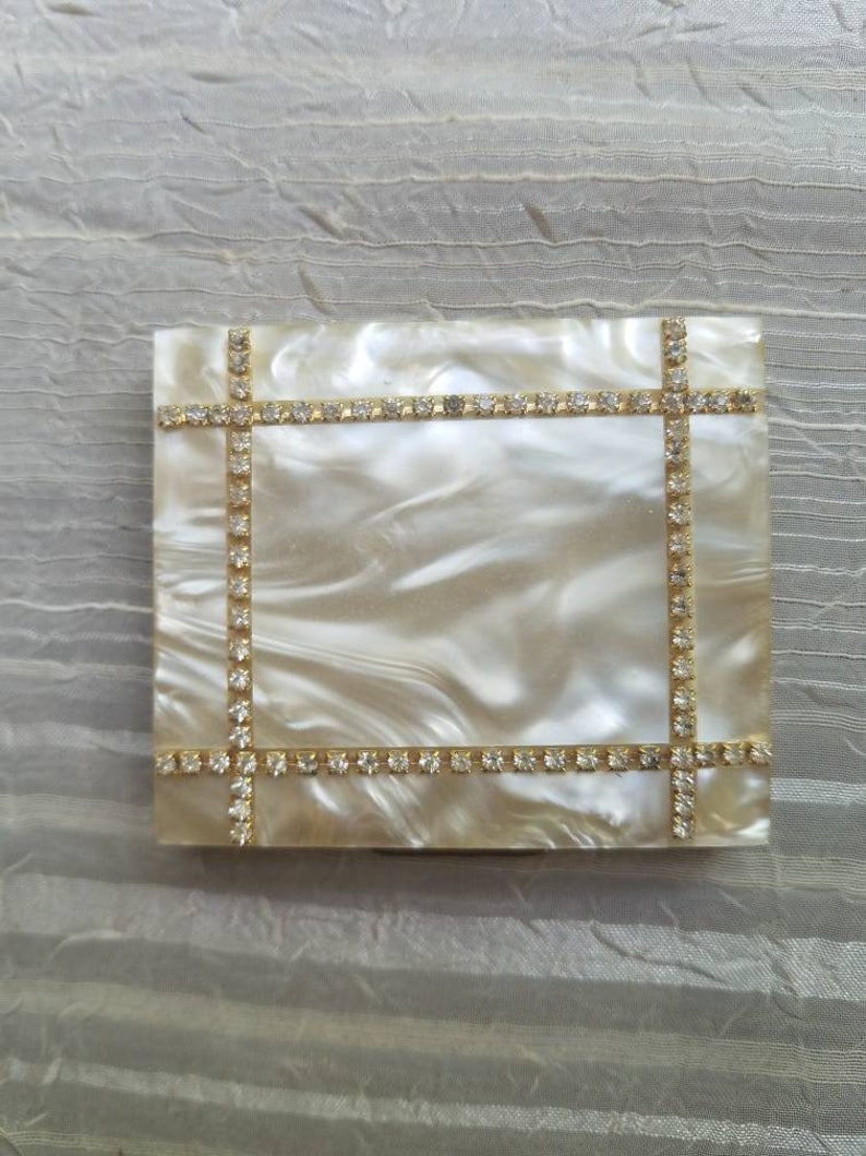 Vintatge S.J.C 5th Avenue Gold Tone Metal Textile Rhinestone Trim Compact Loose Make Up 1950s