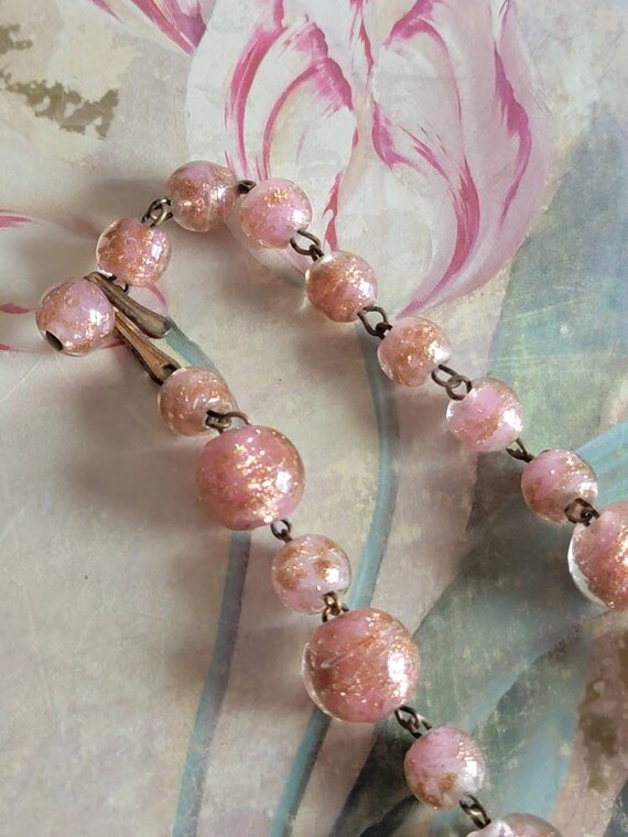 Vintage Pink Glass Beads with Gold Flecks and Gol… - image 5