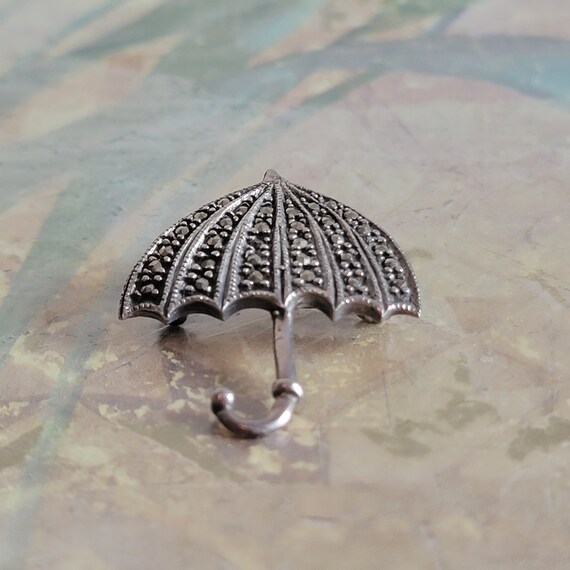 Vintage Sterling Silver Marcasite Umbrella Brooch… - image 2