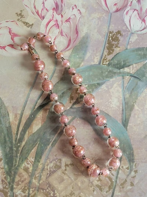 Vintage Pink Glass Beads with Gold Flecks and Gol… - image 3