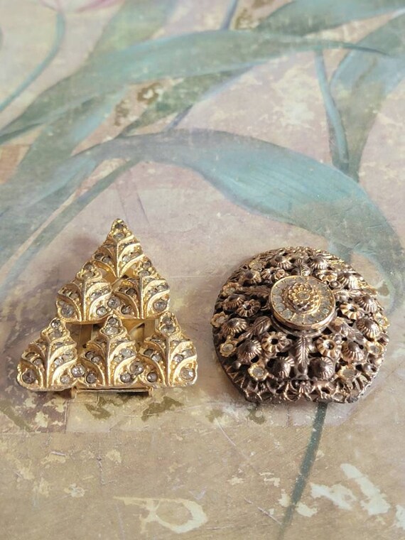 Vintage Antique Lot of 2 Gold Metal and Rhineston… - image 3