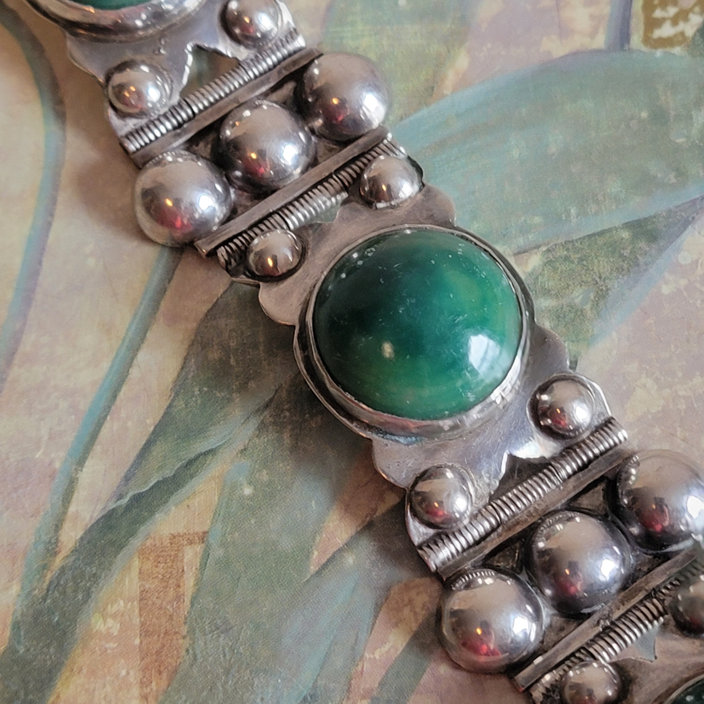 Vintage Sterling Silver and Green Stone Bracelet Made in