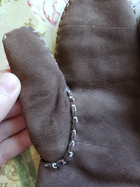 Vintage Brown Suede Leather Shearling Winter Mitt… - image 3