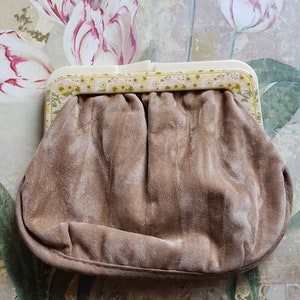 Vintage Beige Velvet Purse Twist Closure Velvet 1960s Floral Trim