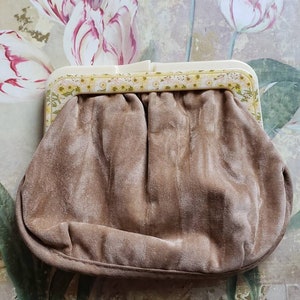 Vintage Beige Velvet Purse Twist Closure Velvet 1960s Floral Trim image 1