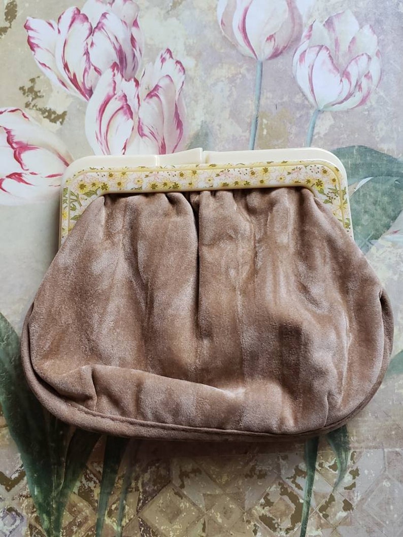 Vintage Beige Velvet Purse Twist Closure Velvet 1960s Floral Trim image 1