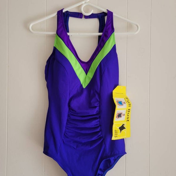 Vintage Dead Stock Never Worn Maillot Baltex Bathing Suit Swim Suit Purple Blue Neon Green Size 12 Cup Size C/D Ladies One Piece 1989