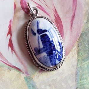 Vintage Sterling Silver Setting and Dutch Porcelain Windmill Pendant 925 Holland Blue and White Crazing