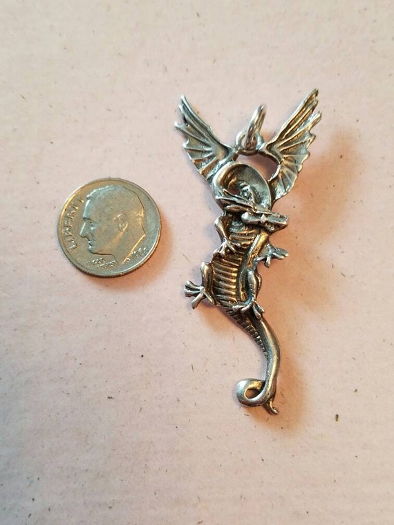 Vintage Sterling Silver Winged Dragon Pendant 925… - image 10