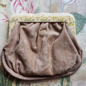 Vintage Beige Velvet Purse Twist Closure Velvet 1960s Floral Trim image 2