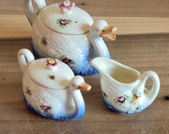 Vintage Made in Japan Teapot Sugar Bowl Creamer Swan Design 3 Piece Tea Set For Display