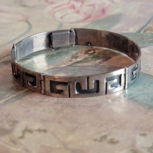 Vintage Sterling Silver Greek Key Hinged Bracelet Safety Chain Made in Mexico