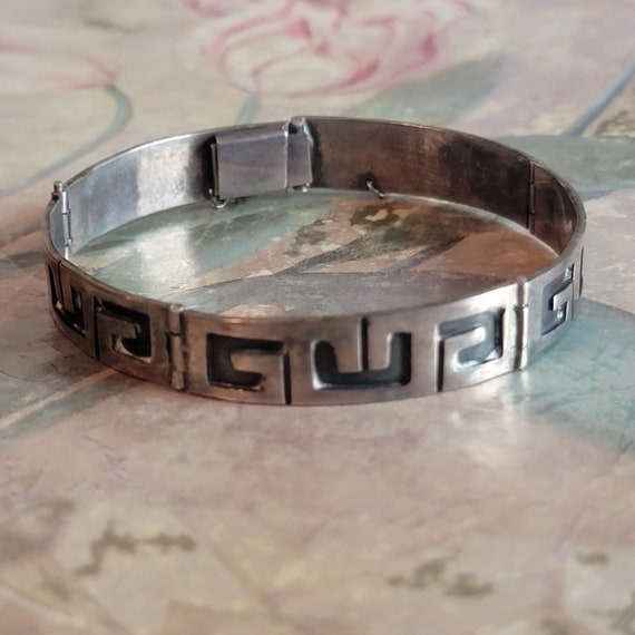 Vintage Sterling Silver Greek Key Hinged Bracelet… - image 1