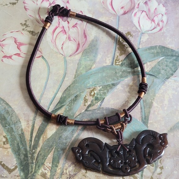 Vintage Carved Dyed Soapstone Horse Heads Pendant on a Brown Cord Jade Bead Closure View 2