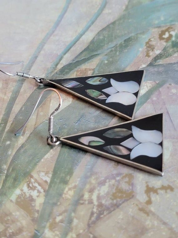 Boucles D'oreilles Goutte Argent Alpaga Et Nacre - Motif Floral Marron/illac - Fabriqué Au Mexique