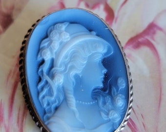 Vintage Sterling Silver and Agate Cameo Pin or Brooch or Pendant Blue and White 925 As Is