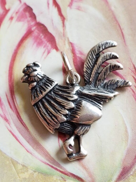 Vintage Sterling Silver Rooster Fowl Pendant 1980s - image 8