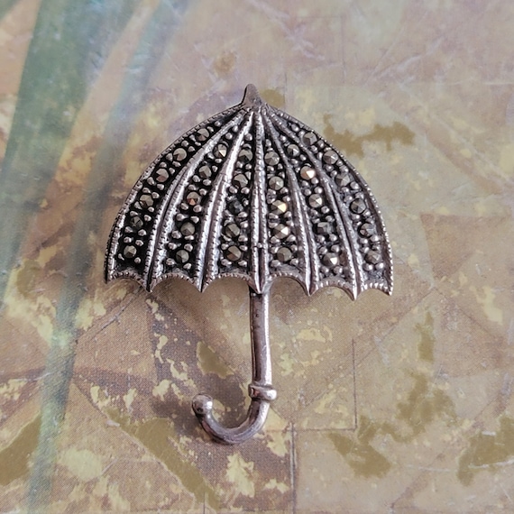 Vintage Sterling Silver Marcasite Umbrella Brooch… - image 1