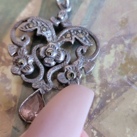 Vintage Sterling Silver Pink Stone and Marcasite … - image 2
