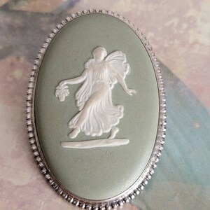 Vintage Wedgwood Jasperware and Sterling Silver Brooch Pin Matte Green and White Greek Goddess Made in England