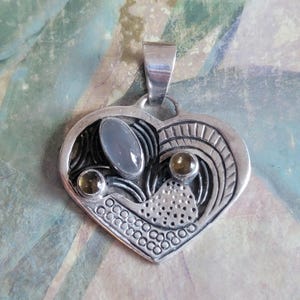 Vintage Sterling Silver Citrine Chalcedony Heart Pendant 925